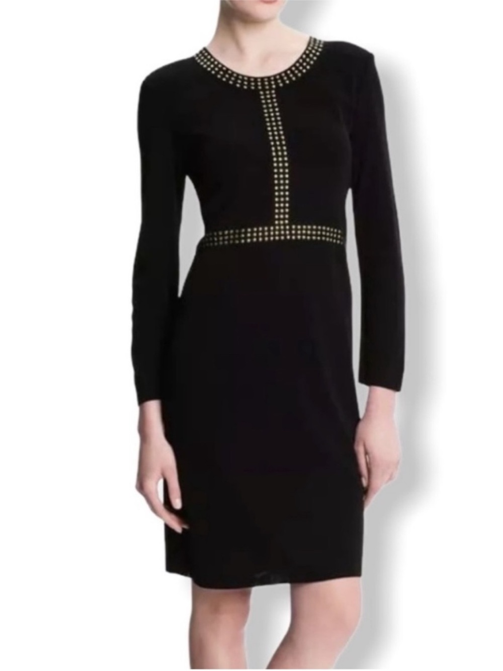 Misook Black Gold Studded Trim Knit Sheath Dress Size S Long Sleeve